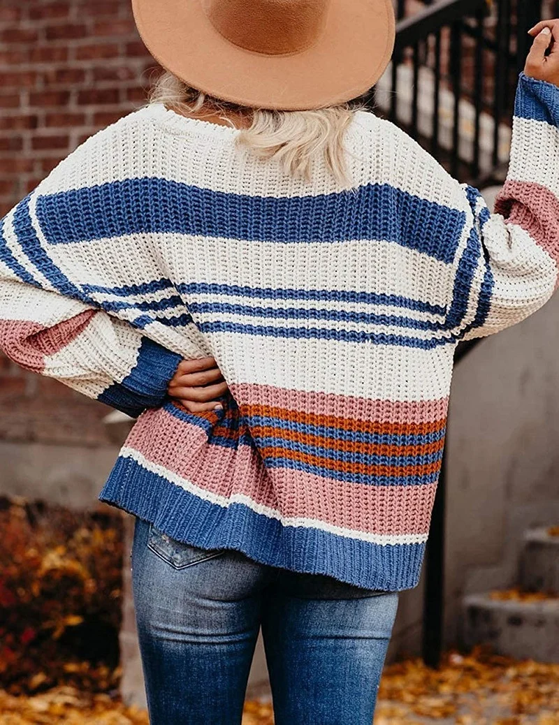 Damen Oversize Waffelstrick-Pullover mit Blockstreifen und überschnittenen Schultern Drune
