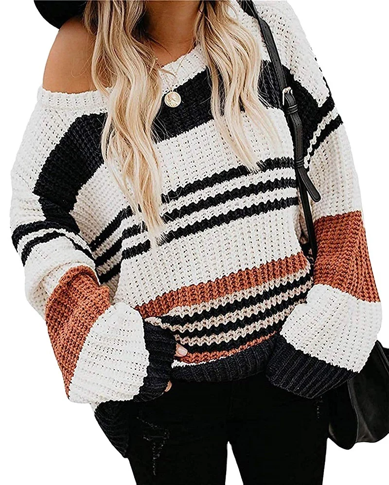 Damen Oversize Waffelstrick-Pullover mit Blockstreifen und überschnittenen Schultern Drune