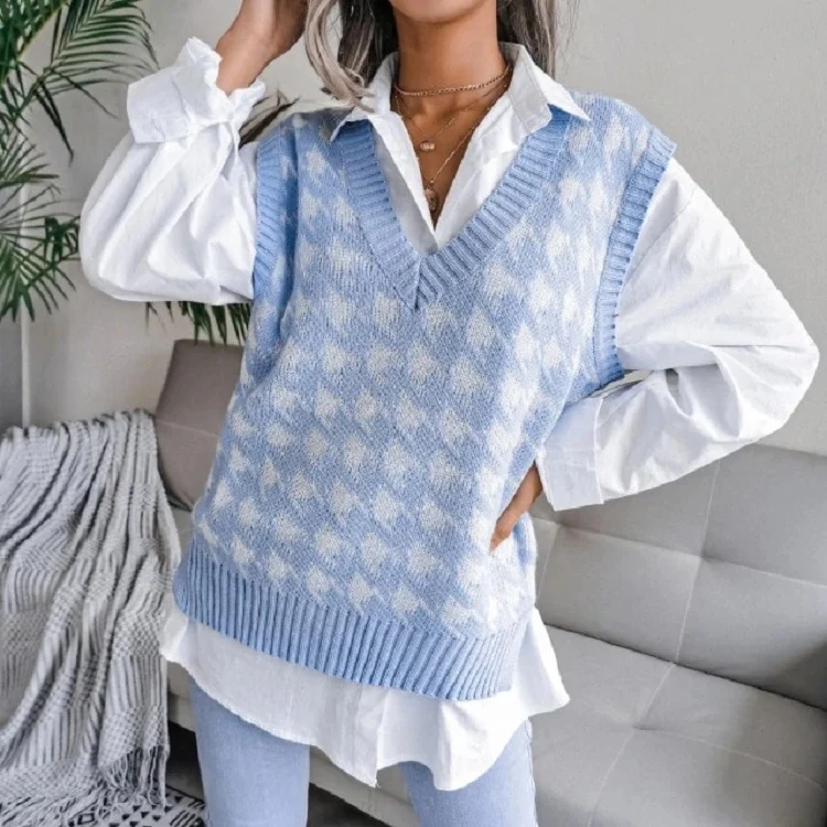 Damen Oversize Strickweste mit Hahnentritt-Muster und V-Ausschnitt Drune