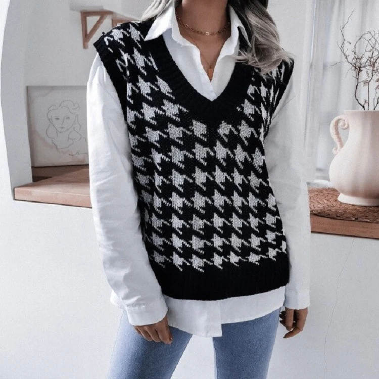 Damen Oversize Strickweste mit Hahnentritt-Muster und V-Ausschnitt Drune