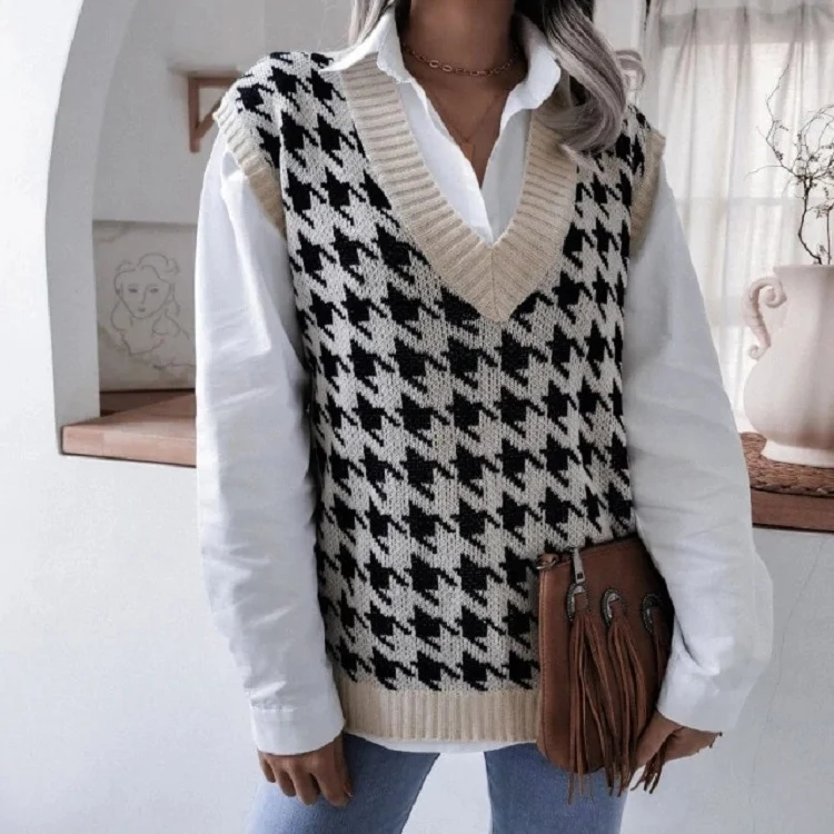Damen Oversize Strickweste mit Hahnentritt-Muster und V-Ausschnitt Drune