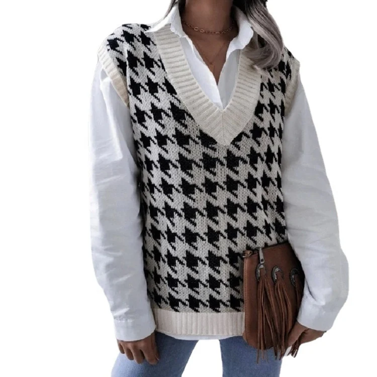 Damen Oversize Strickweste mit Hahnentritt-Muster und V-Ausschnitt Drune