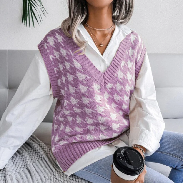 Damen Oversize Strickweste mit Hahnentritt-Muster und V-Ausschnitt Drune
