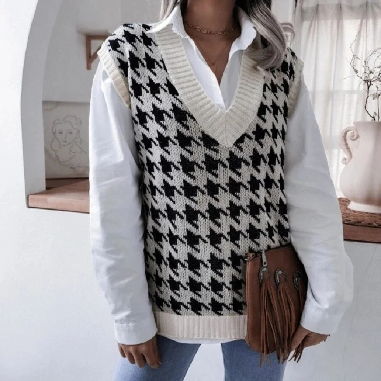 Damen Oversize Strickweste mit Hahnentritt-Muster und V-Ausschnitt Drune
