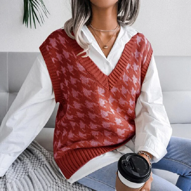 Damen Oversize Strickweste mit Hahnentritt-Muster und V-Ausschnitt Drune