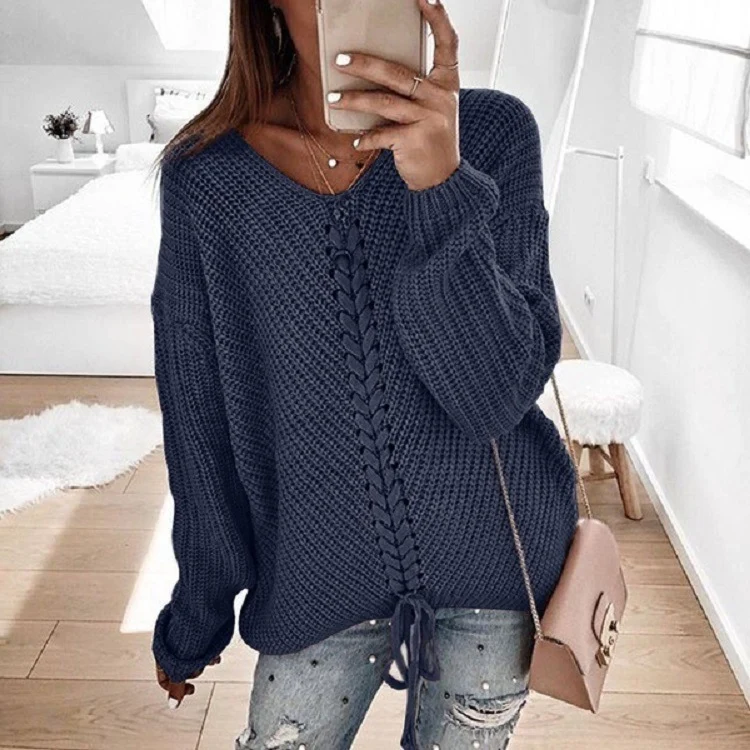 Damen Oversize Strickpullover mit V-Ausschnitt, Zopfstrick und Schnürung Drune