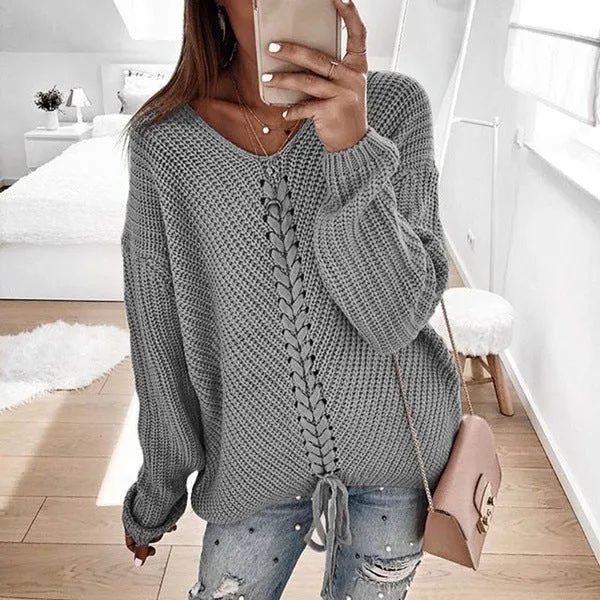 Damen Oversize Strickpullover mit V-Ausschnitt, Zopfstrick und Schnürung Drune