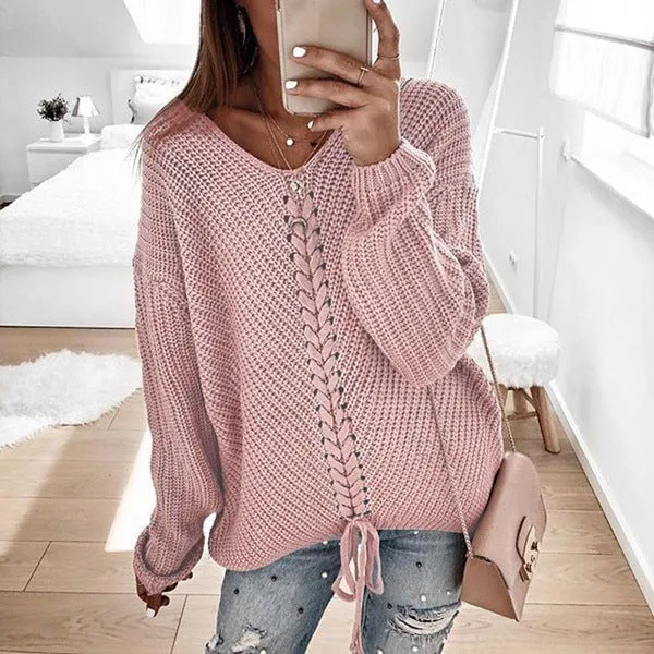 Damen Oversize Strickpullover mit V-Ausschnitt, Zopfstrick und Schnürung Drune