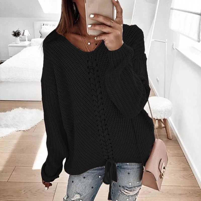 Damen Oversize Strickpullover mit V-Ausschnitt, Zopfstrick und Schnürung Drune
