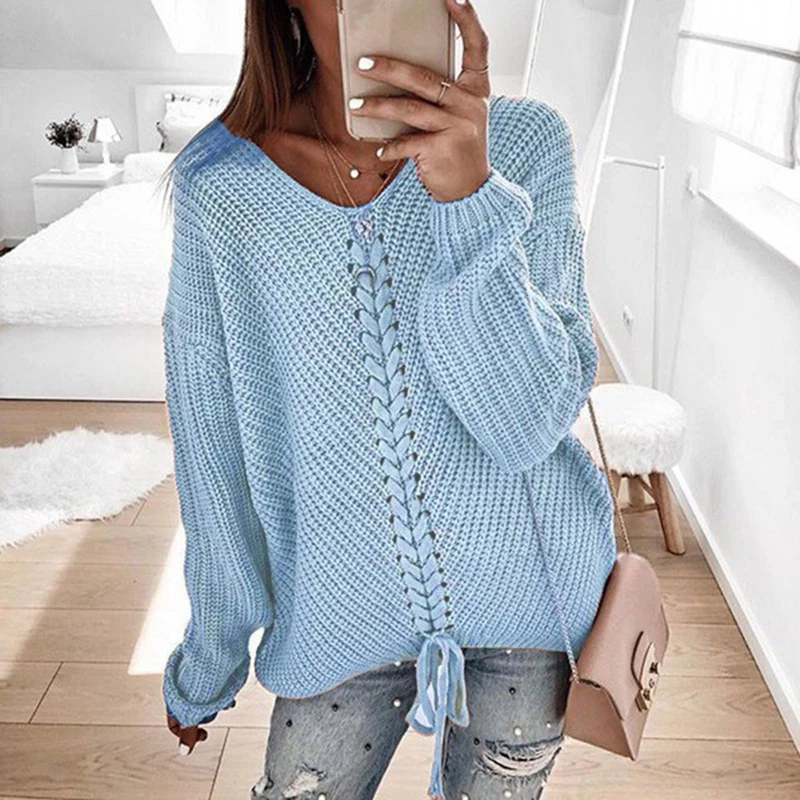 Damen Oversize Strickpullover mit V-Ausschnitt, Zopfstrick und Schnürung Drune