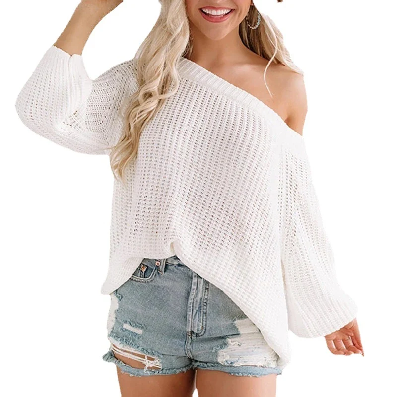 Damen Oversize Strickpullover mit Off-Shoulder Ajourmuster und weitem Saum Drune