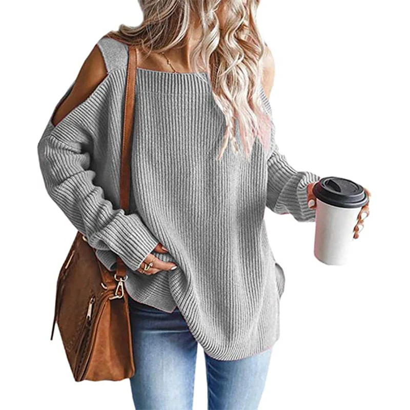 Damen Oversize Strickpullover mit Cut-Out-Schulter, geripptem Feinstrick und weitem U-Boot-Ausschnitt Drune