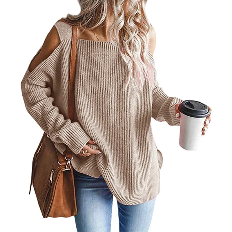 Damen Oversize Strickpullover mit Cut-Out-Schulter, geripptem Feinstrick und weitem U-Boot-Ausschnitt Drune