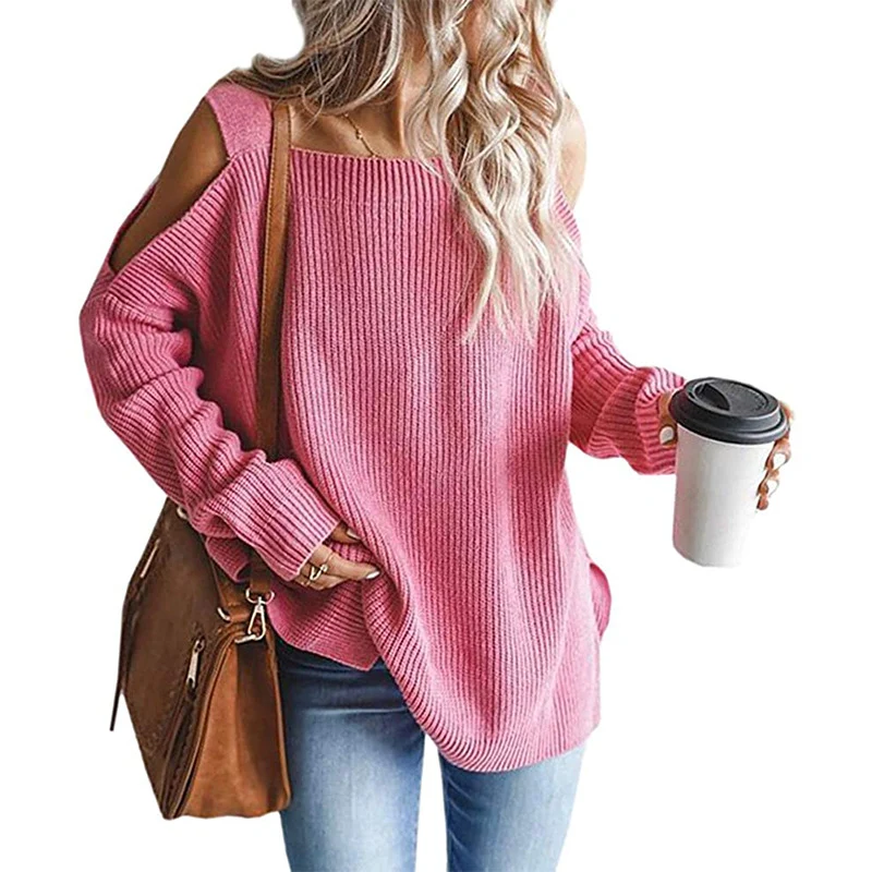 Damen Oversize Strickpullover mit Cut-Out-Schulter, geripptem Feinstrick und weitem U-Boot-Ausschnitt Drune