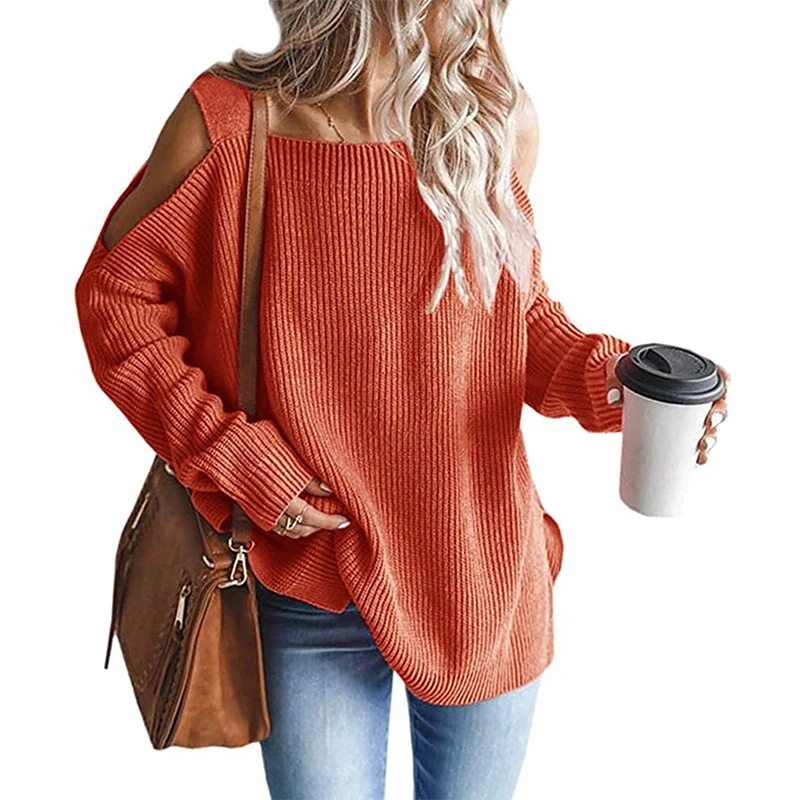 Damen Oversize Strickpullover mit Cut-Out-Schulter, geripptem Feinstrick und weitem U-Boot-Ausschnitt Drune