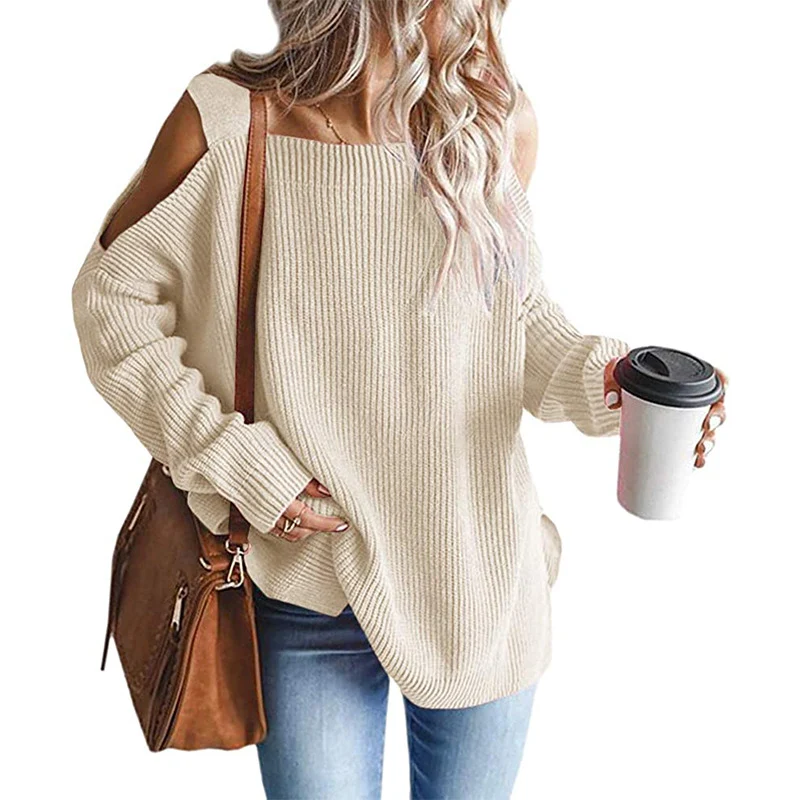 Damen Oversize Strickpullover mit Cut-Out-Schulter, geripptem Feinstrick und weitem U-Boot-Ausschnitt Drune