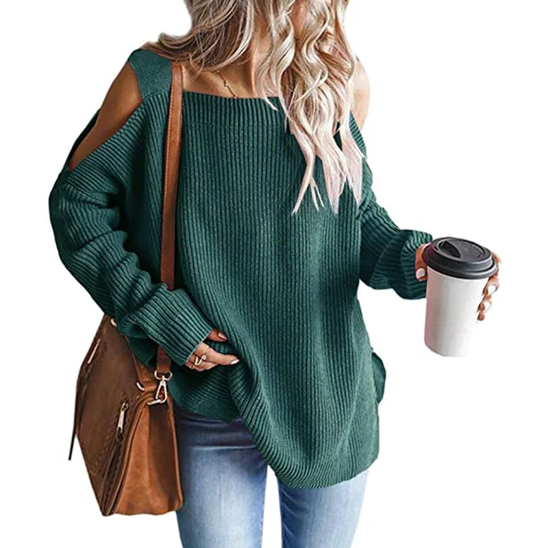 Damen Oversize Strickpullover mit Cut-Out-Schulter, geripptem Feinstrick und weitem U-Boot-Ausschnitt Drune