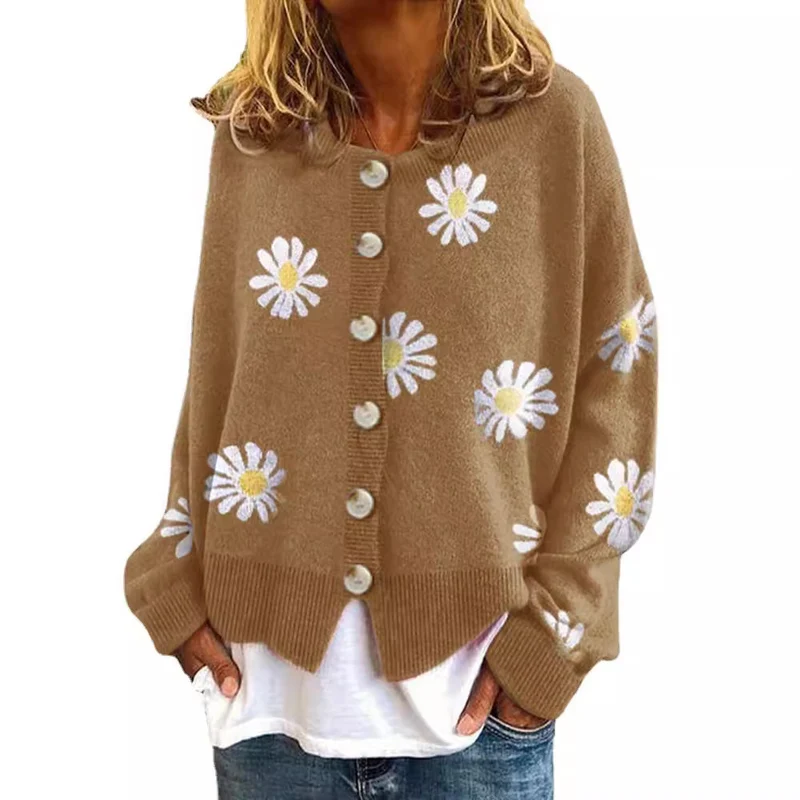 Damen Oversize Strickcardigan mit Knopfleiste und Gänseblümchen-Print Drune