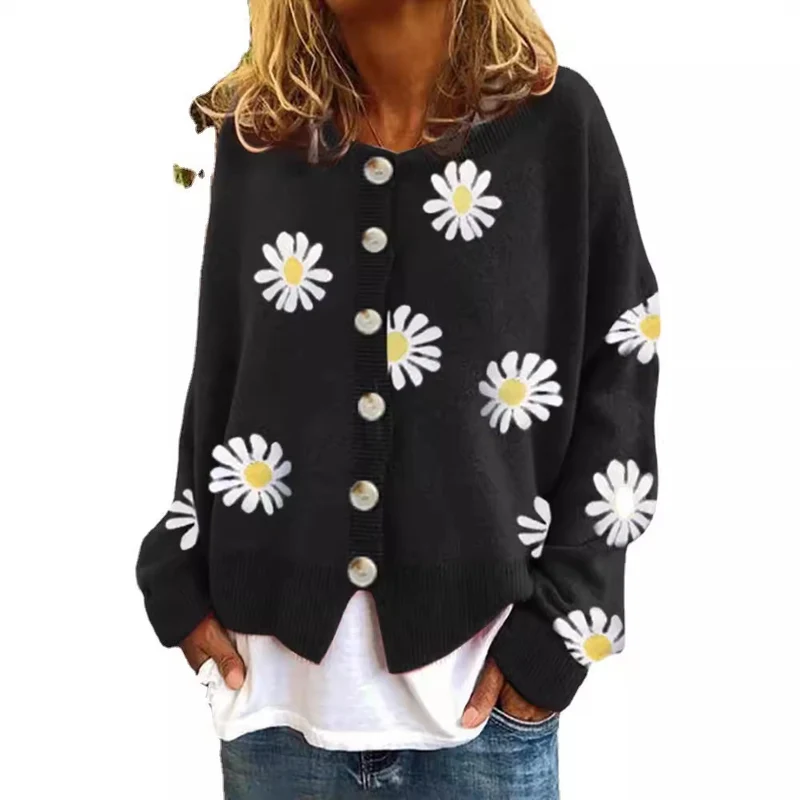 Damen Oversize Strickcardigan mit Knopfleiste und Gänseblümchen-Print Drune