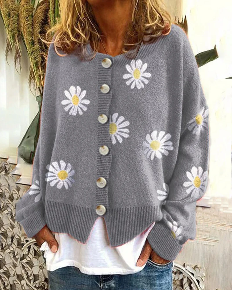 Damen Oversize Strickcardigan mit Knopfleiste und Gänseblümchen-Print Drune