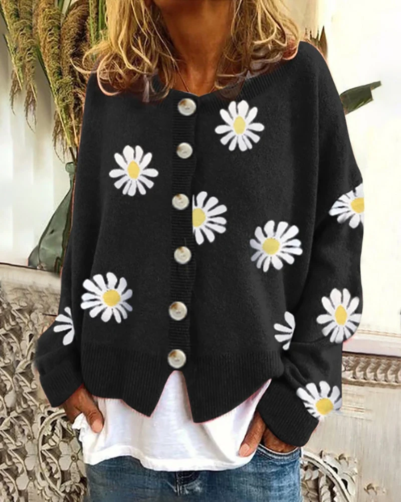 Damen Oversize Strickcardigan mit Knopfleiste und Gänseblümchen-Print Drune