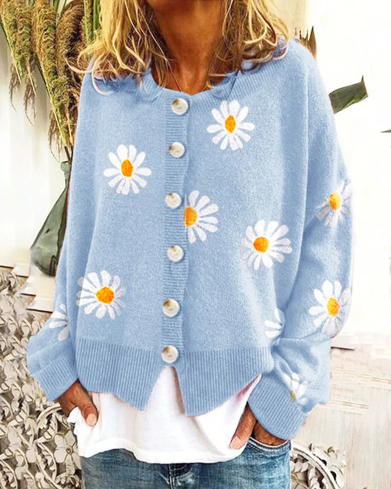 Damen Oversize Strickcardigan mit Knopfleiste und Gänseblümchen-Print Drune