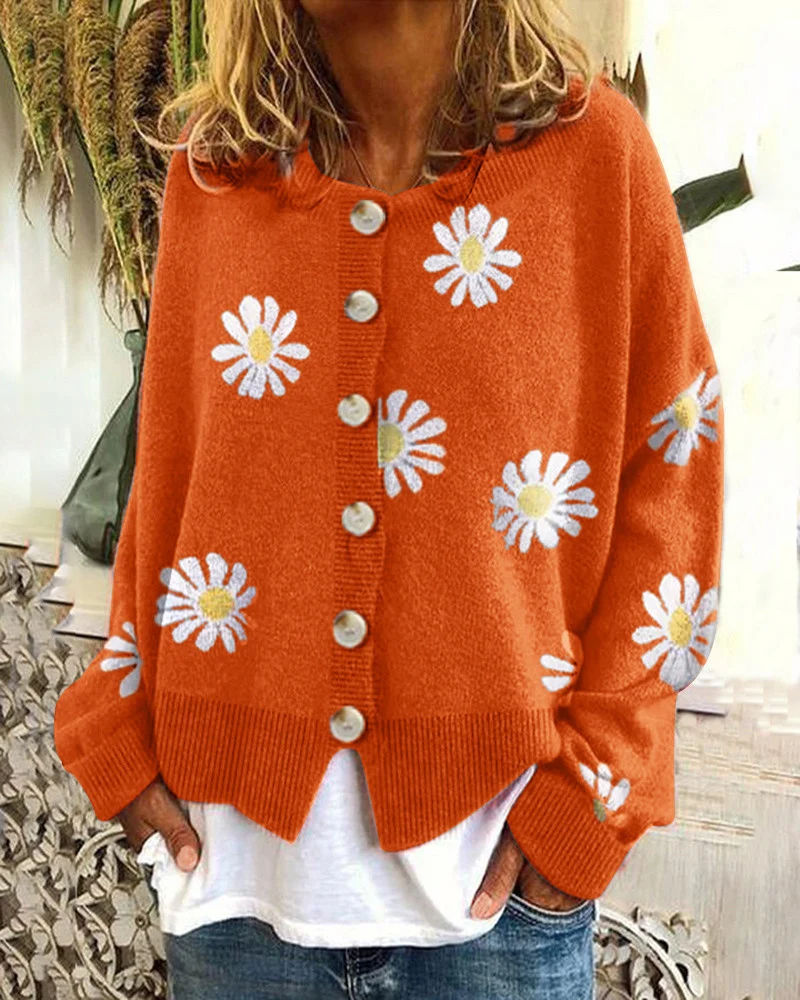 Damen Oversize Strickcardigan mit Knopfleiste und Gänseblümchen-Print Drune