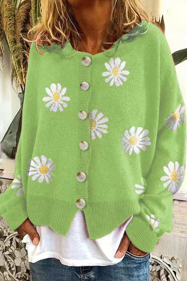 Damen Oversize-Strickcardigan mit Blumenapplikation, Perlmuttknöpfen und Wellensaum Drune