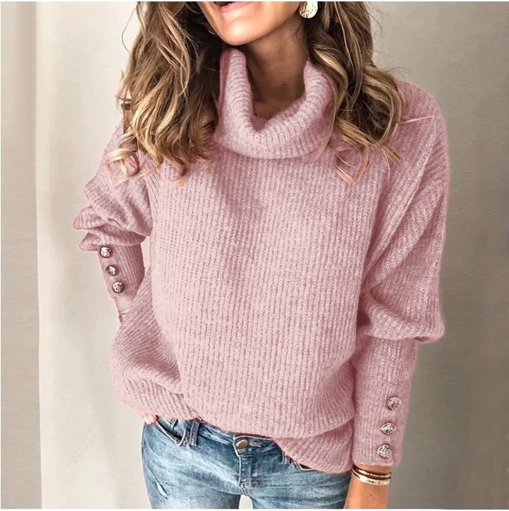 Damen Oversize-Rollkragenpullover mit Rippstruktur und Zierknopfleiste Drune