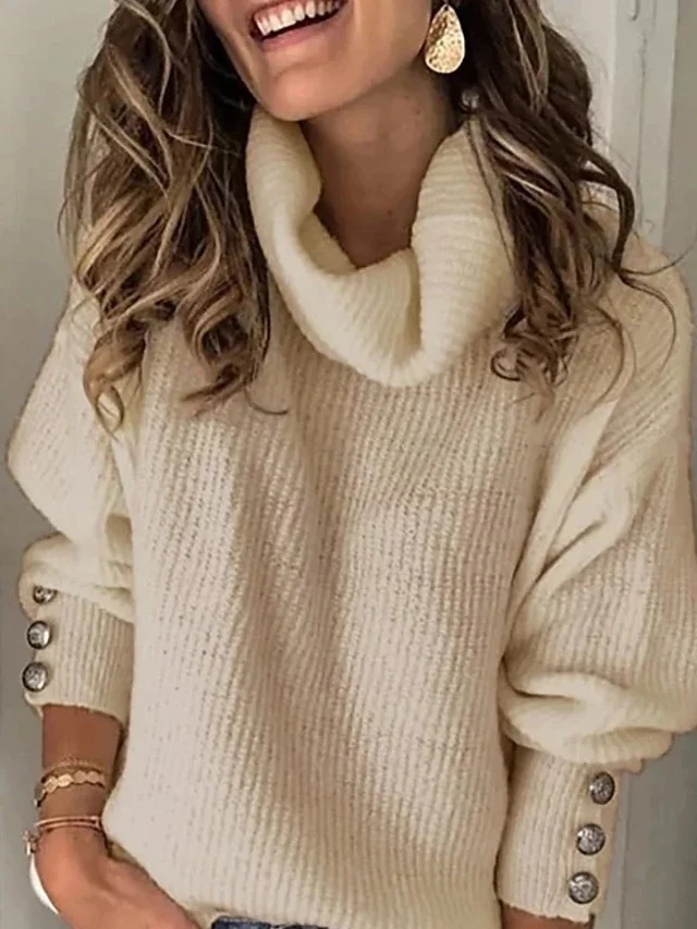Damen Oversize-Rollkragenpullover mit Rippstruktur und Zierknopfleiste Drune