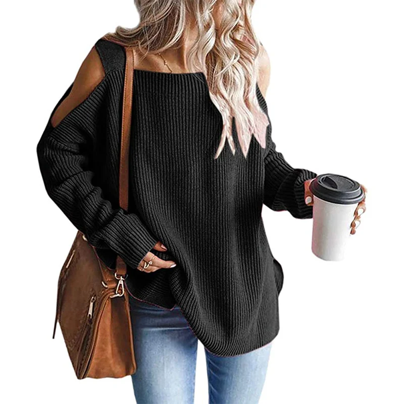 Damen Oversize-Rippstrickpullover mit Schulter-Cut-outs und weitem U-Boot-Ausschnitt Drune