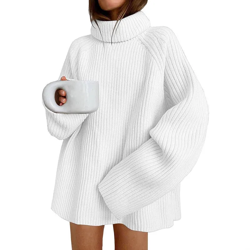 Damen Oversize Pulloverkleid aus Rippstrick mit hohem Rollkragen und voluminösen Ärmeln Drune