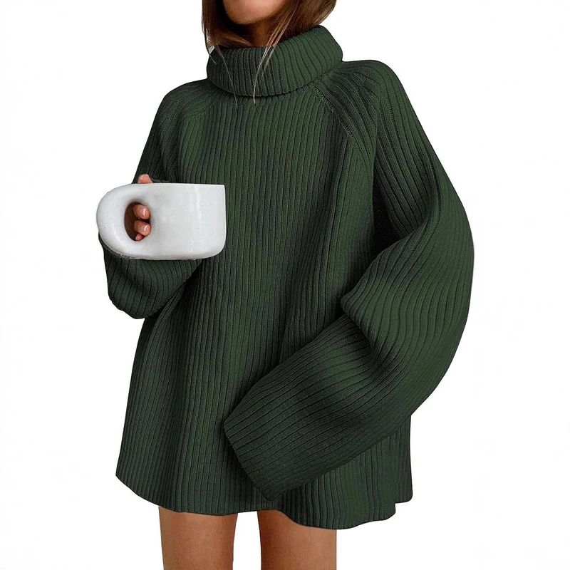 Damen Oversize Pulloverkleid aus Rippstrick mit hohem Rollkragen und voluminösen Ärmeln Drune