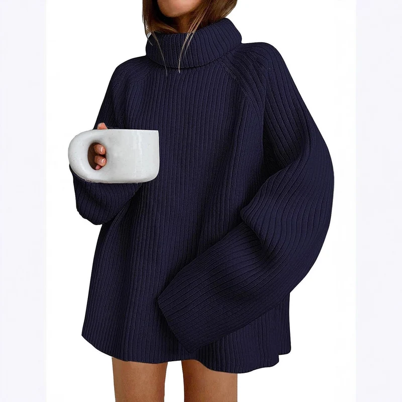 Damen Oversize Pulloverkleid aus Rippstrick mit hohem Rollkragen und voluminösen Ärmeln Drune