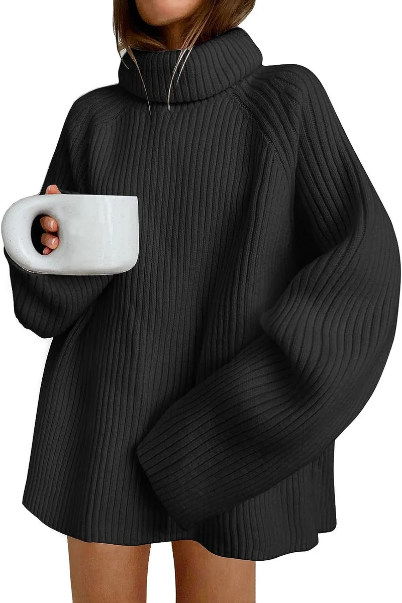 Damen Oversize Pulloverkleid aus Rippstrick mit hohem Rollkragen und voluminösen Ärmeln Drune