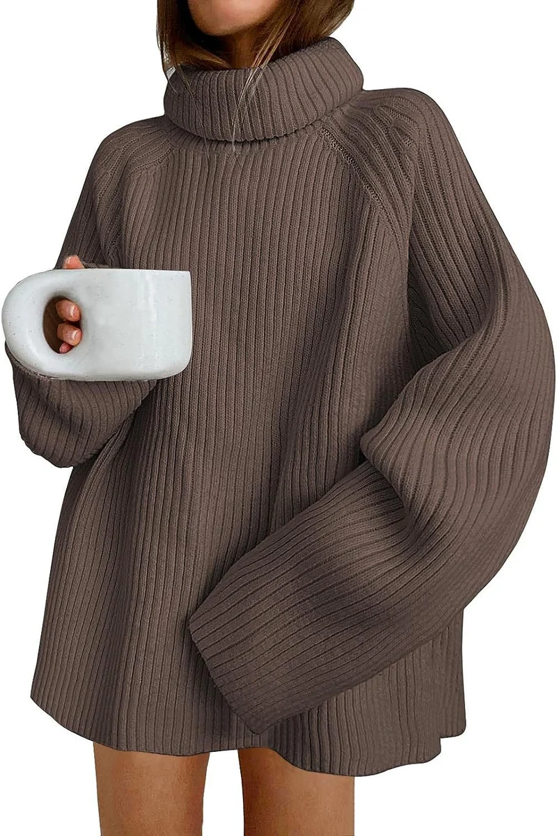 Damen Oversize Pulloverkleid aus Rippstrick mit hohem Rollkragen und voluminösen Ärmeln Drune