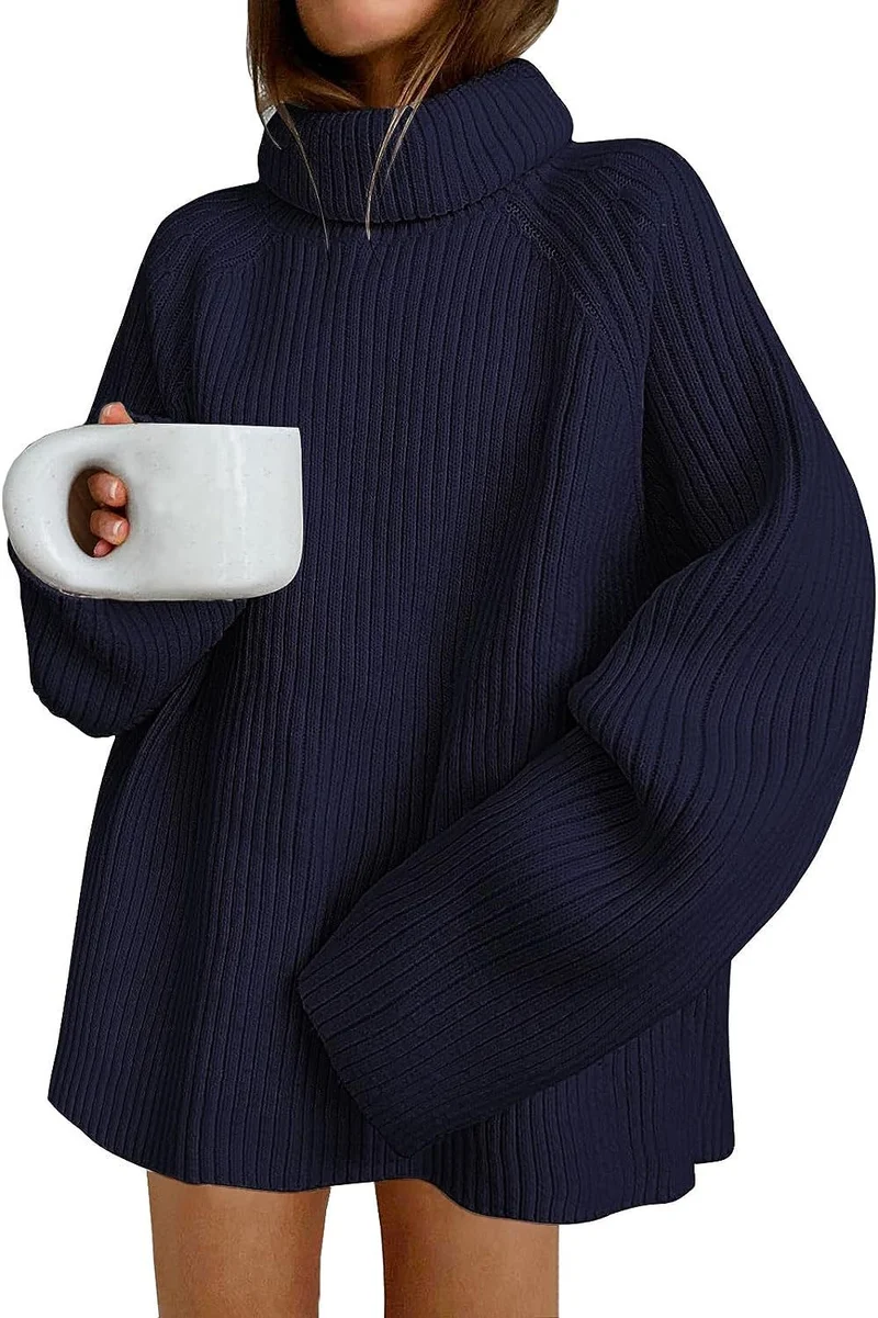 Damen Oversize Pulloverkleid aus Rippstrick mit hohem Rollkragen und voluminösen Ärmeln Drune