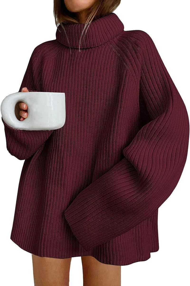 Damen Oversize Pulloverkleid aus Rippstrick mit hohem Rollkragen und voluminösen Ärmeln Drune