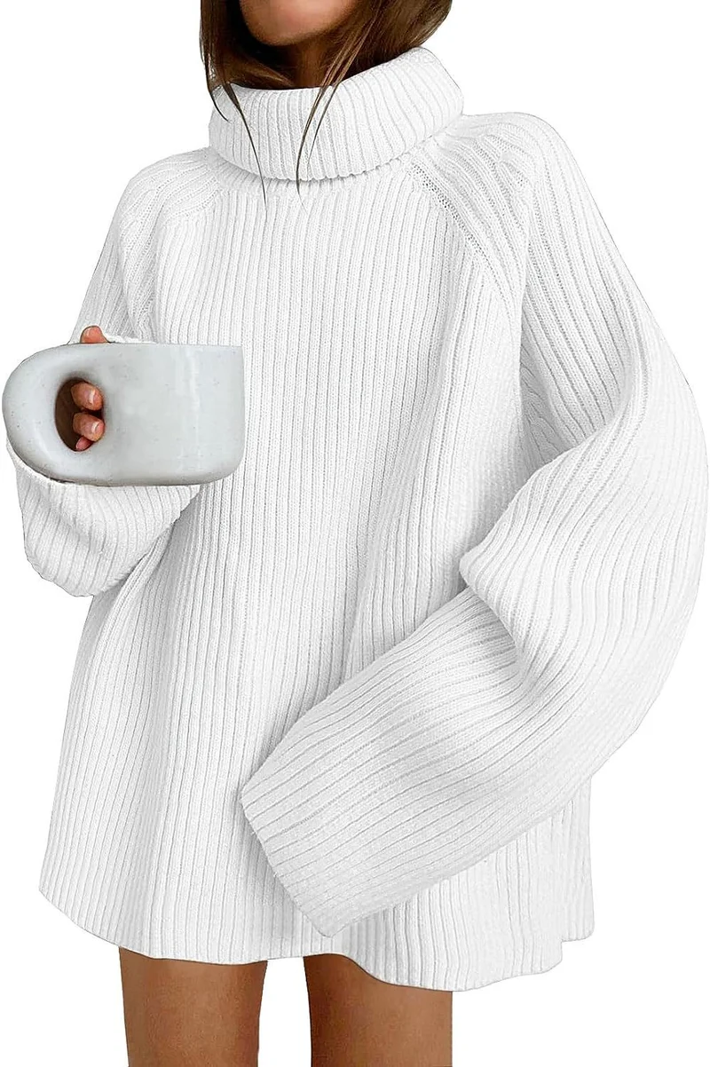 Damen Oversize Pulloverkleid aus Rippstrick mit hohem Rollkragen und voluminösen Ärmeln Drune