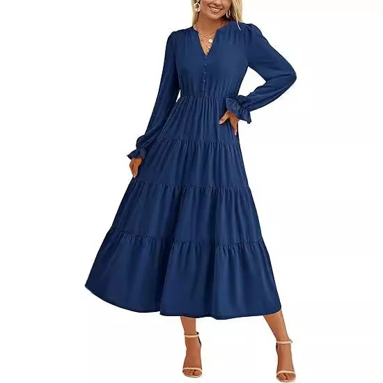 Damen Stufiges Midikleid mit V-Ausschnitt, geraffter Taillennaht und Rüschenmanschetten Drune