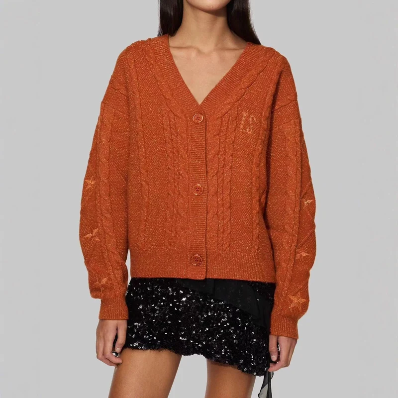 Damen Strickcardigan mit Zopfstrick, Stern‑Stickerei und Glanzfäden Drune
