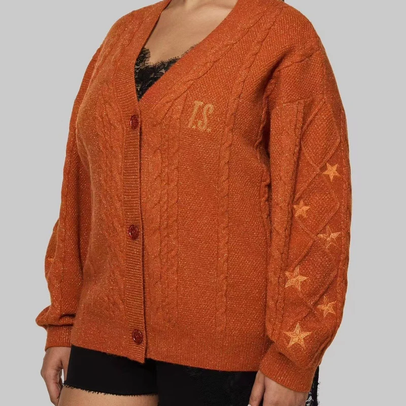 Damen Strickcardigan mit Zopfstrick, Stern‑Stickerei und Glanzfäden Drune