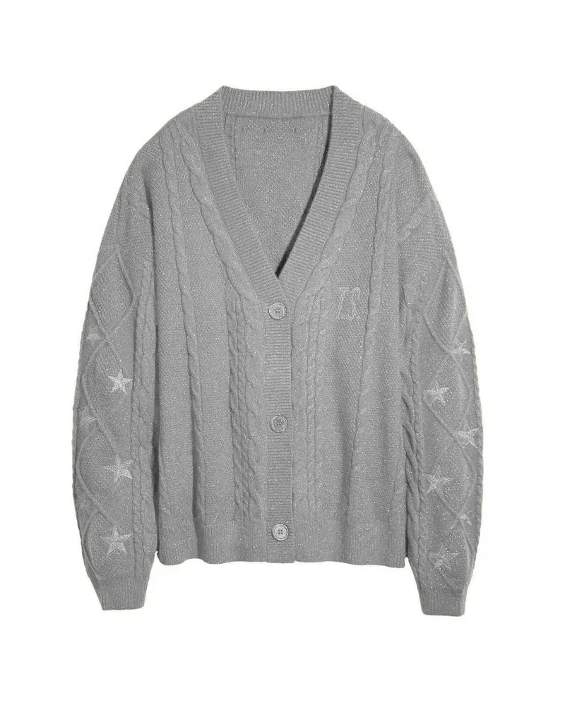 Damen Strickcardigan mit Zopfstrick, Stern‑Stickerei und Glanzfäden Drune