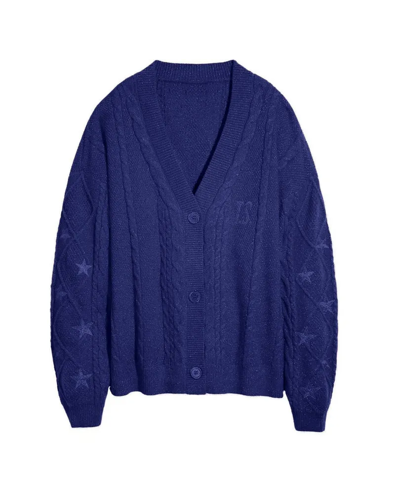 Damen Strickcardigan mit Zopfstrick, Stern‑Stickerei und Glanzfäden Drune