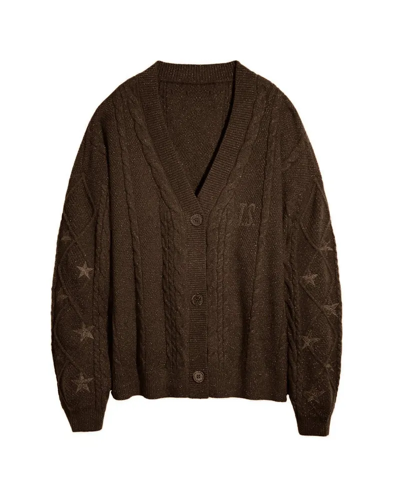 Damen Strickcardigan mit Zopfstrick, Stern‑Stickerei und Glanzfäden Drune
