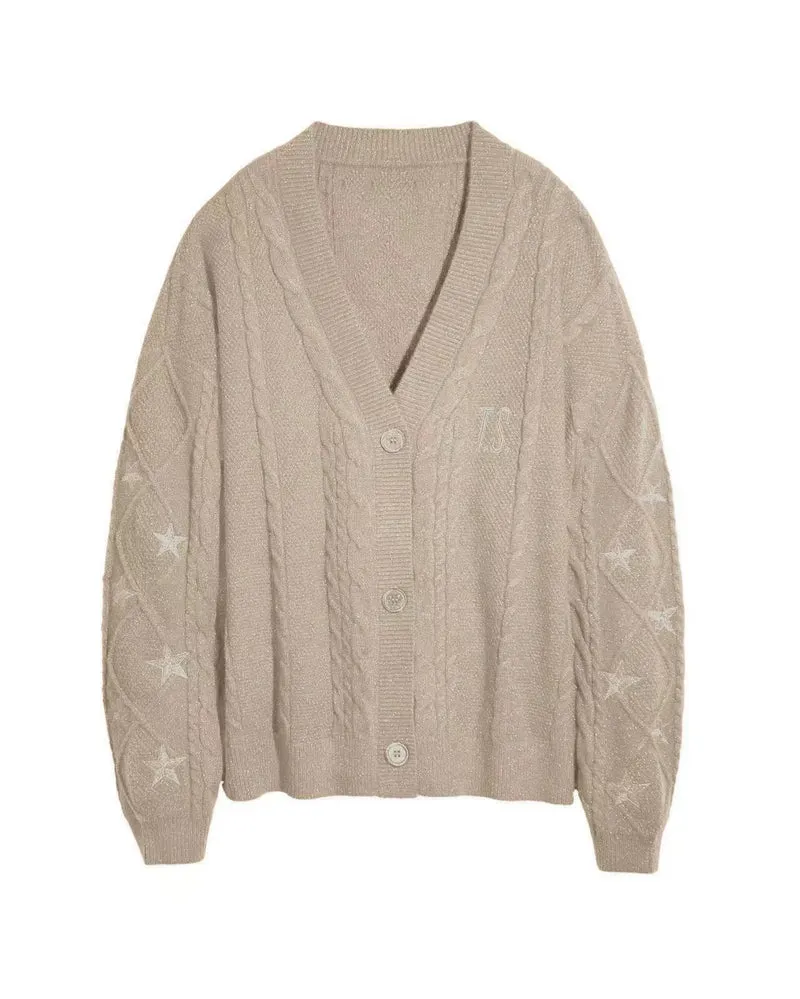 Damen Strickcardigan mit Zopfstrick, Stern‑Stickerei und Glanzfäden Drune
