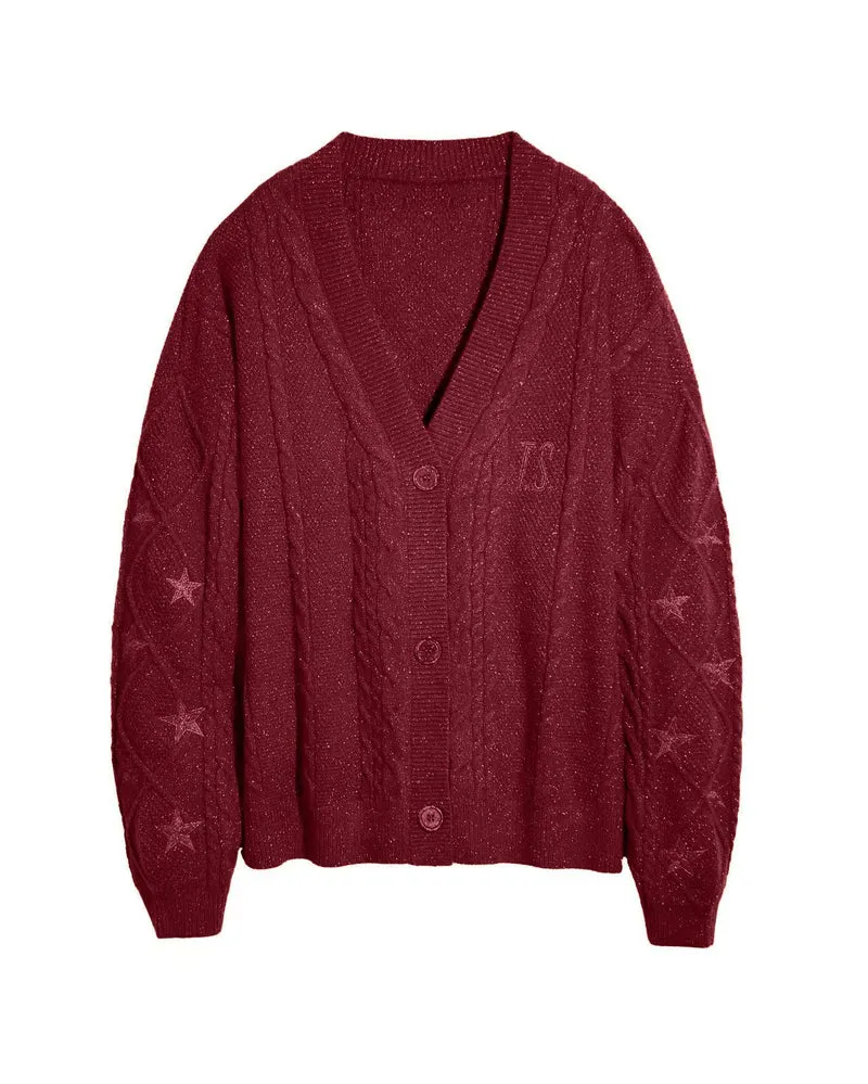 Damen Strickcardigan mit Zopfstrick, Stern‑Stickerei und Glanzfäden Drune