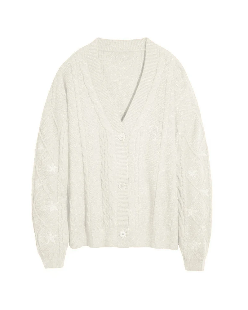 Damen Strickcardigan mit Zopfstrick, Stern‑Stickerei und Glanzfäden Drune