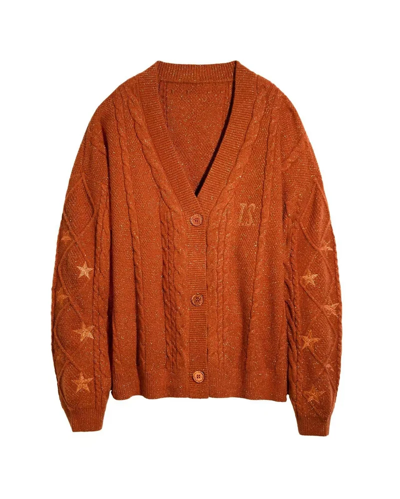 Damen Strickcardigan mit Zopfstrick, Stern‑Stickerei und Glanzfäden Drune