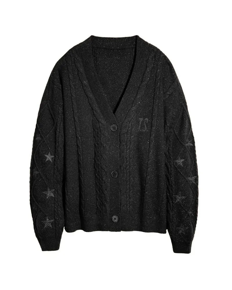 Damen Strickcardigan mit Zopfstrick, Stern‑Stickerei und Glanzfäden Drune